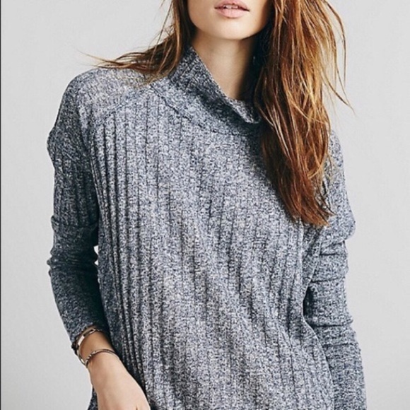 Free People Blue Heather Mock Neck Hi Low Sweater - Picture 1 of 9